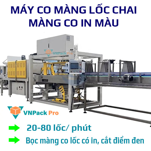 Máy bọc màng co lốc chai có in